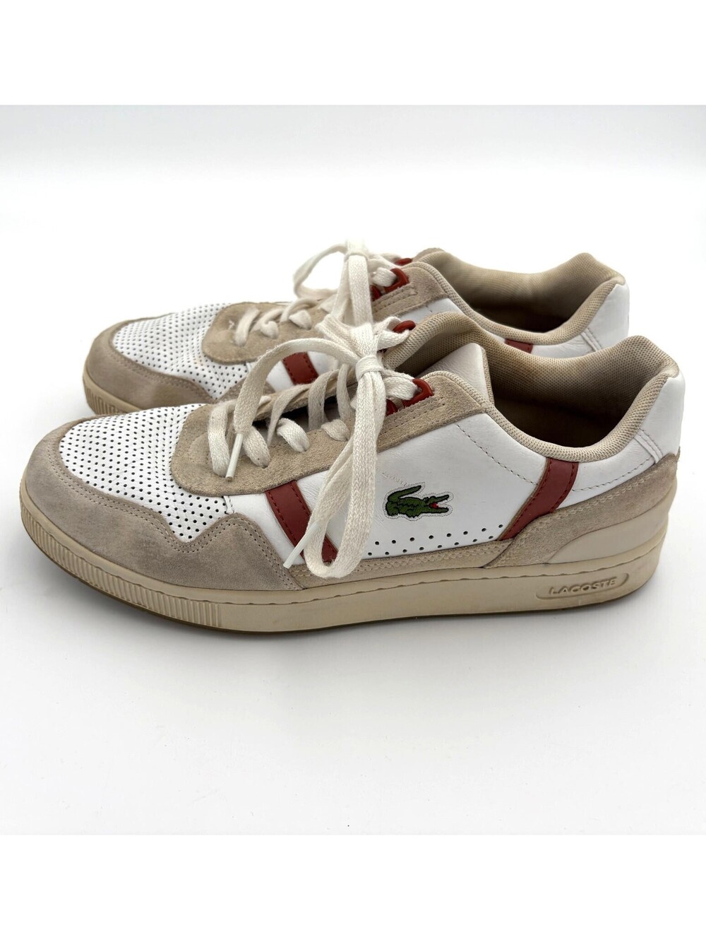 Lacoste Mens Sneakers Size 8.5 White Beige Red Stripe Suede Casual Shoes